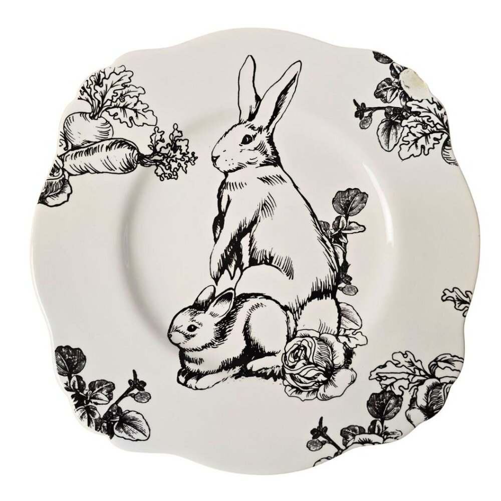 Andrea by Sadek Barnyard Toile Rabbit Plate Black White Scalloped Rare
